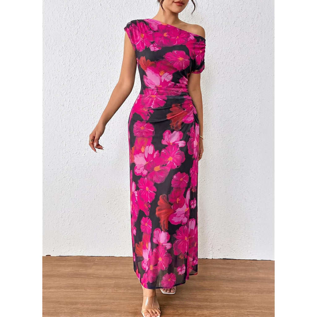 Blencot Women'S Floral Off Shoulder Maxi Dress Ruched Bodycon Summer Wedding Guest Party Gown