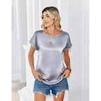 Satin Blouse for Women Business Casual Outfit Short Sleeve Tops Crewneck Tshirt Silk Shirt Summer Clothes