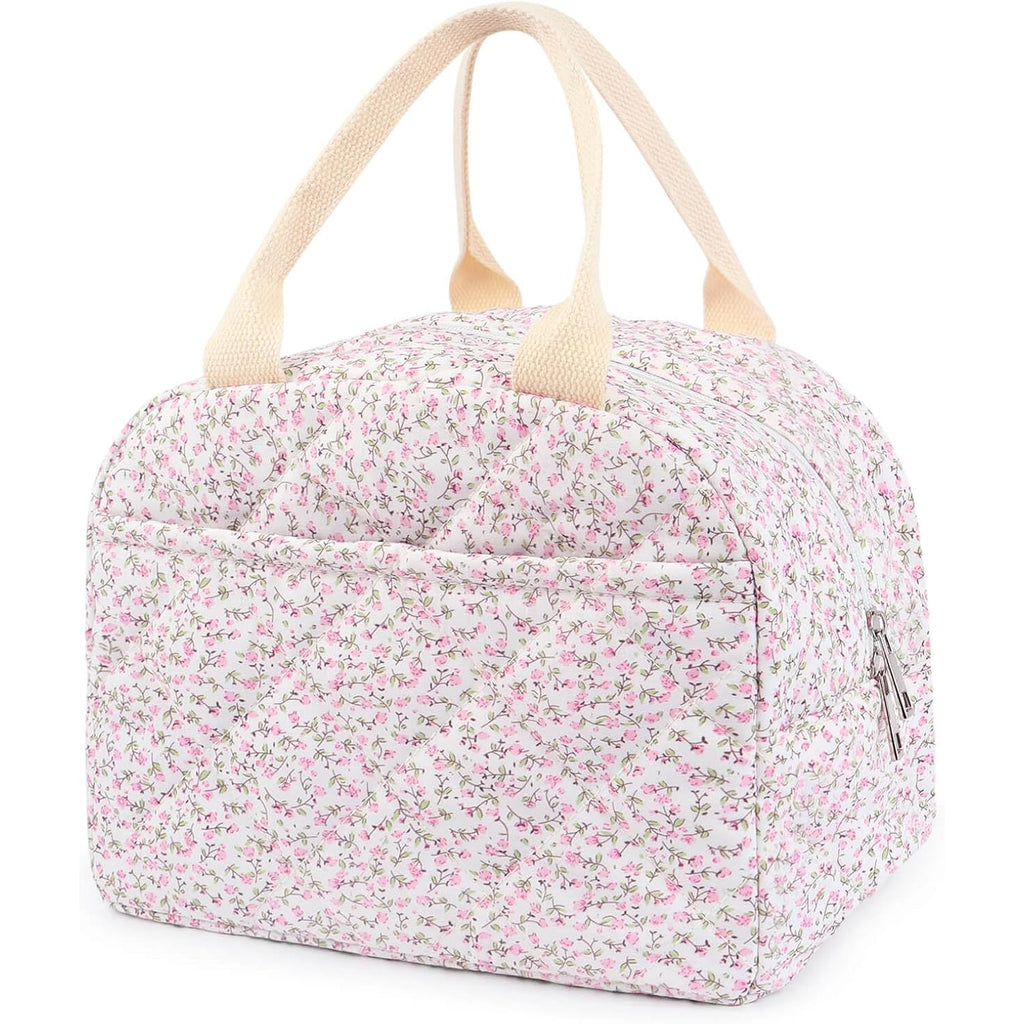 Dark Swan Cotton Quilted Insulated Lunch Bag, Cute Quilted Floral Tote Bags Reusable Lunch Box Coquette Aesthetic Large Capacity Insulated Cooler For Women Work Travel Picnic (Pink)