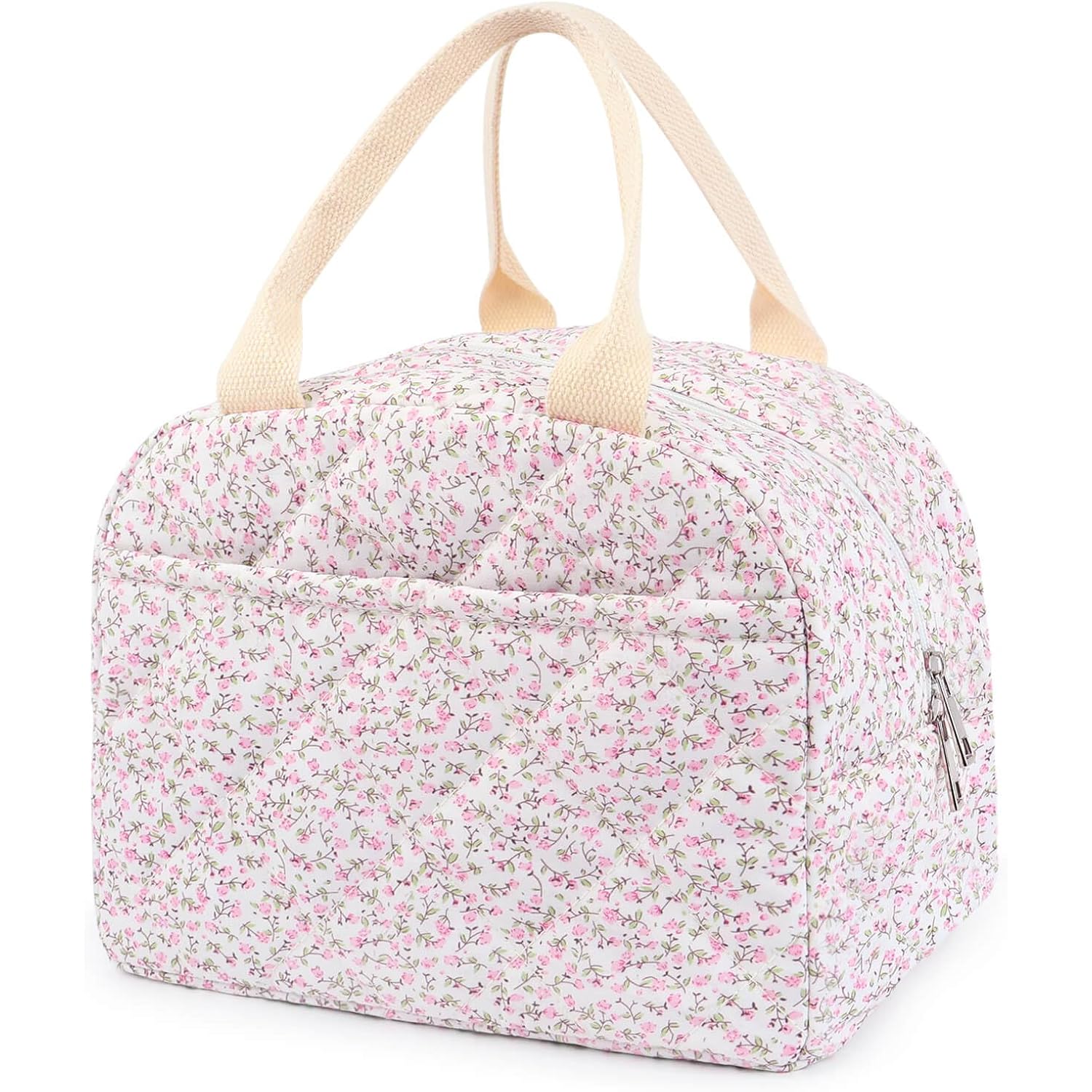 Dark Swan Cotton Quilted Insulated Lunch Bag, Cute Quilted Floral Tote Bags Reusable Lunch Box Coquette Aesthetic Large Capacity Insulated Cooler For Women Work Travel Picnic (Pink)