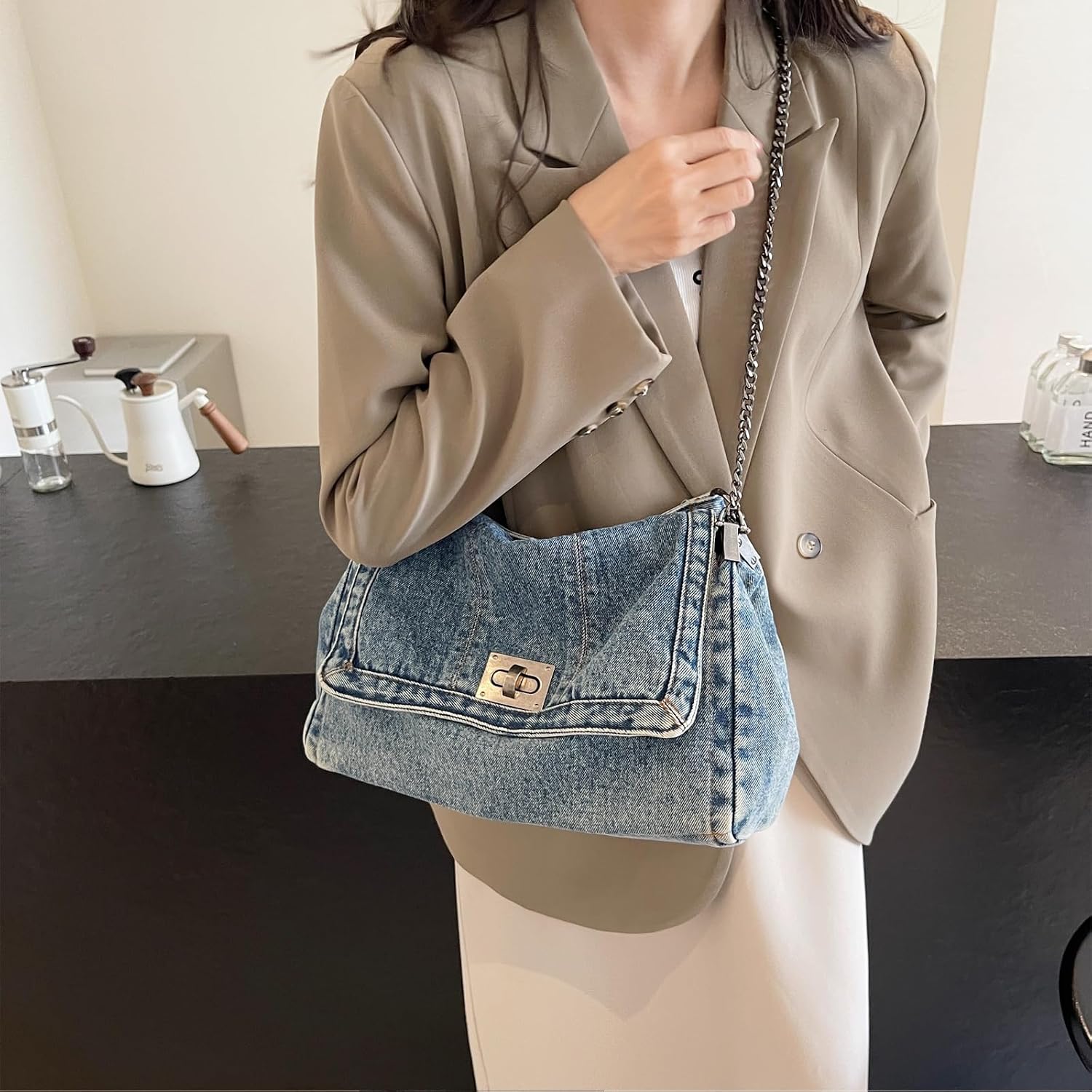 Large Denim Purses For Women Denim Tote Bag Casual Retro Crossbody Lightweight Shoulder Bag Canvas Handbags