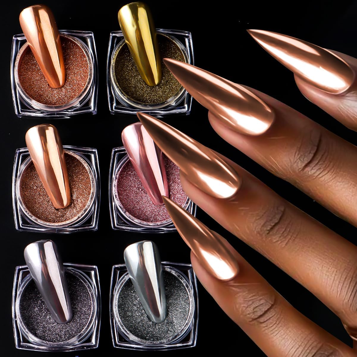 6 Colors Chrome Nail Powder Kit, Rose Gold Bronze Black Chrome Powder for Nails, Magic Mirror Effect Pigment Metallic Rubbing Dust Fine Glitter Powders for Gel Polish Nail Art Decoration