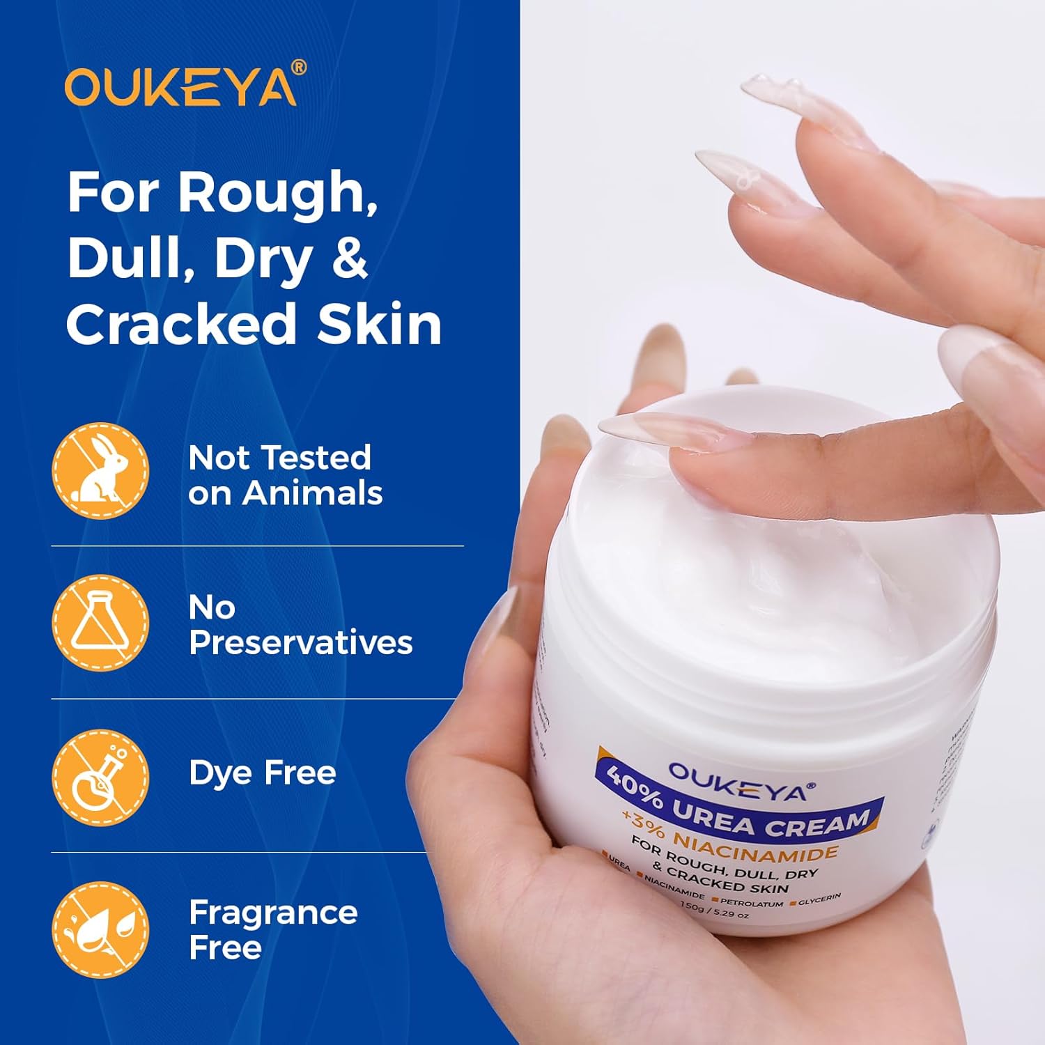 OUKEYA Urea Cream 40 Percent with 3% Niacinamide, Intensive Moisturizer for Extremely Dry Chapped, Rough Skin on Hands, Feet, Elbows & Knees,Deep Hydration & Evens Skin Tone, 5.29oz