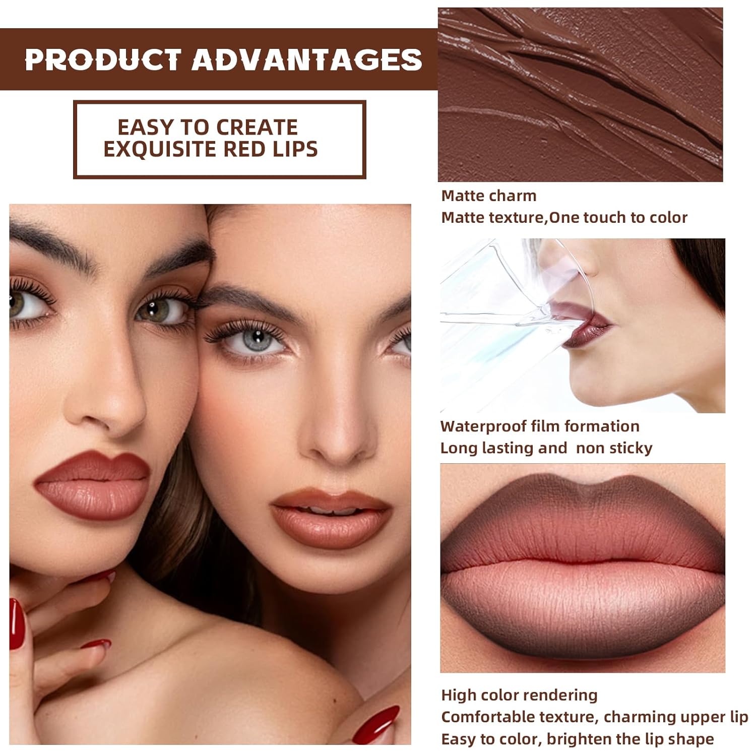 HOSAILY 3 Colors 2 in 1 Lip Liner Set, Matte Nude Dark Brown Red Lip Liner Lipstick Plumping Smooth Creamy Lip Combo, High Pigmented Long lasting Light Brown Ombre Lips Stain Pencil Effect Makeup