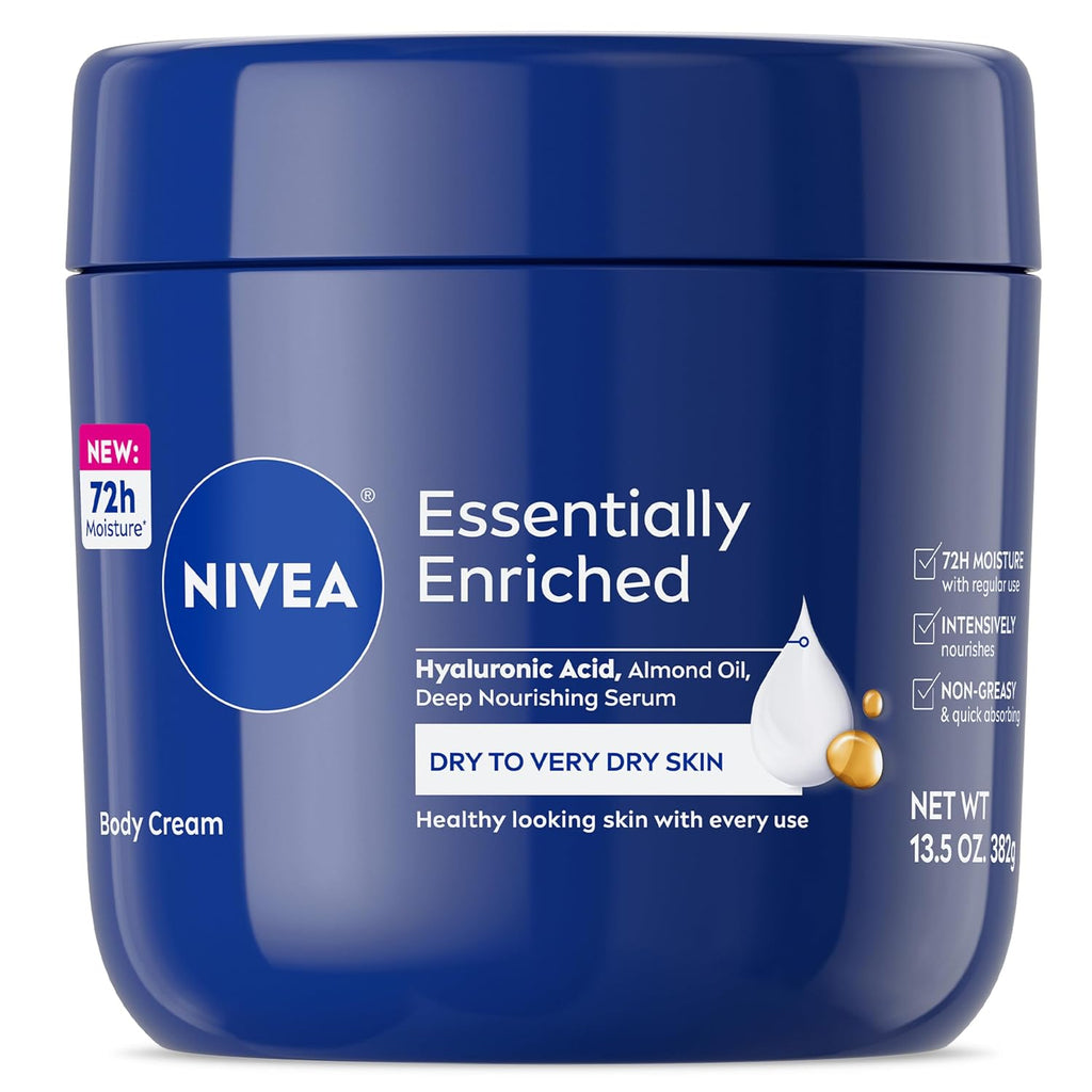 Nivea Essentially Enriched Body Cream For Dry To Very Dry Skin With Hyaluronic Acid, Deep Nourishing Serum And Almond Oil, 72-Hour Body Moisturizer, 13.5 Oz Jar
