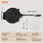 Vevor Tortilla Press, 10 Inch Tortilla And Roti Maker, Cast Iron Heavy Duty Tortilladora Press, Pre-Seasoned Pataconera With 100 Pcs Parchment Paper, Dough Maker For Flour Tortilla, Tawa