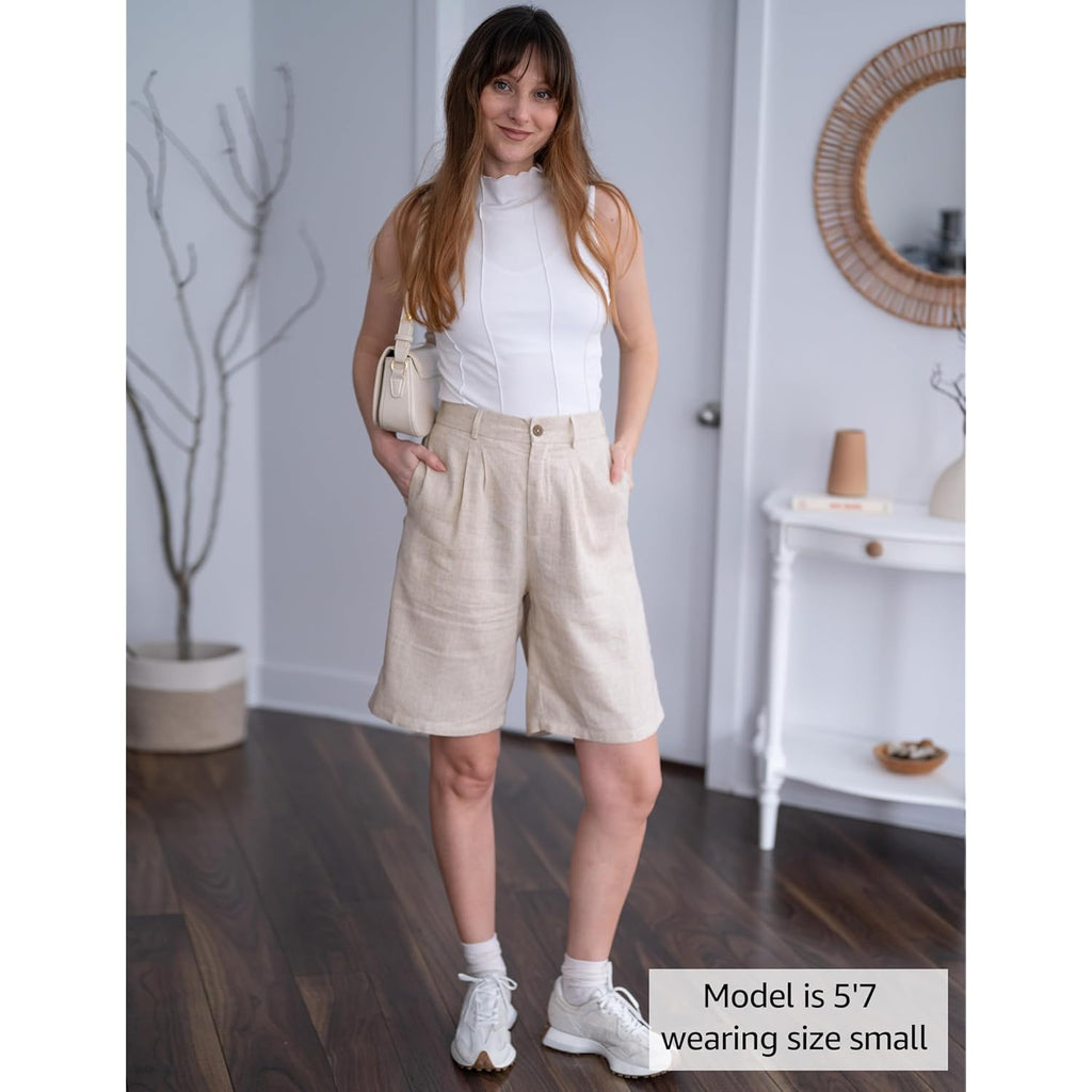 Bermuda Shorts for Women High Waisted Linen Dressy Casual Pleated Wide Leg Summer Shorts with Elastic Waist