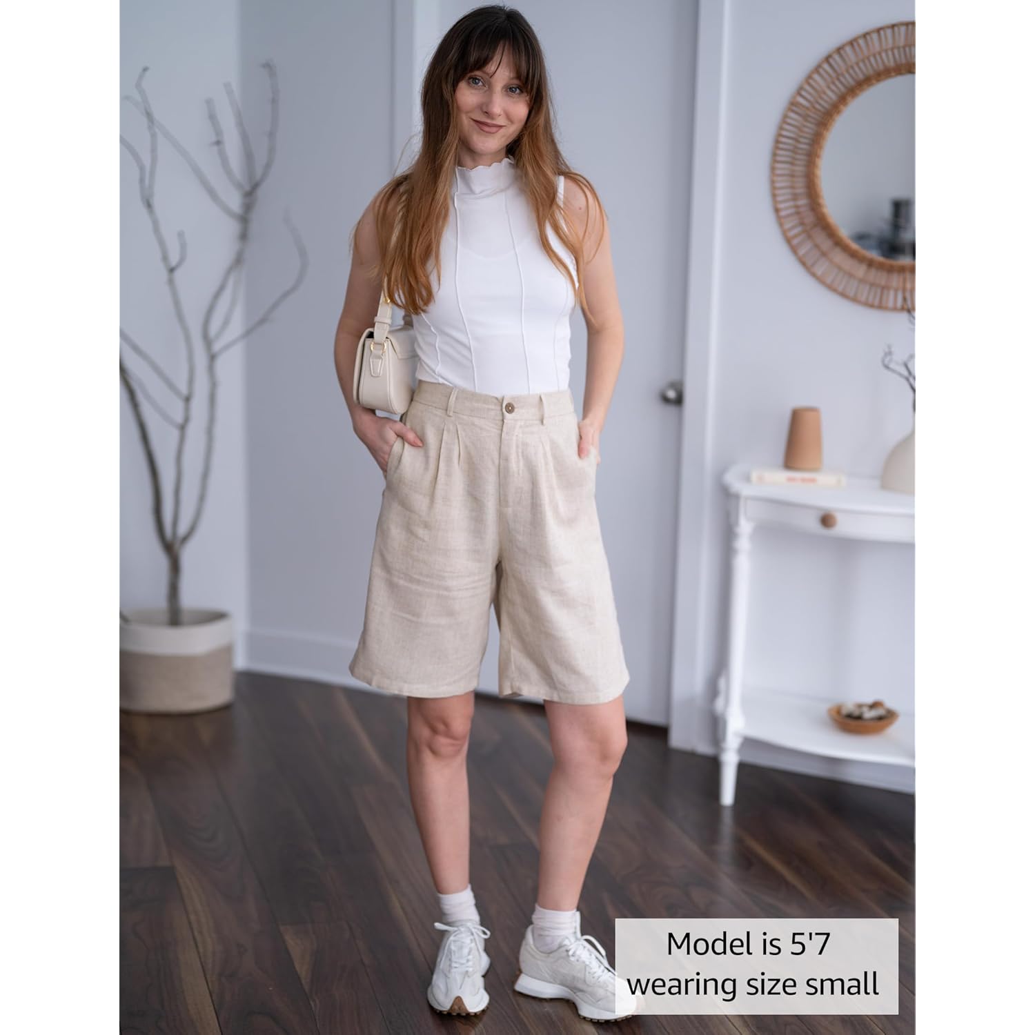 Bermuda Shorts for Women High Waisted Linen Dressy Casual Pleated Wide Leg Summer Shorts with Elastic Waist