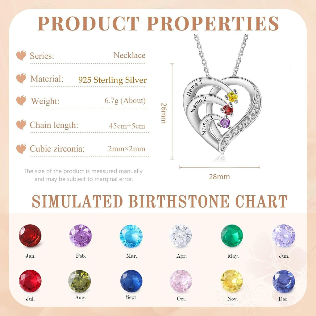 925 Sterling Silver Personalized Name Mom Necklace with 2-6 Heart Birthstones Custom Name Mother Chain Pendant Mother Day Christmas Gifts for Women Mom Grandma Wife