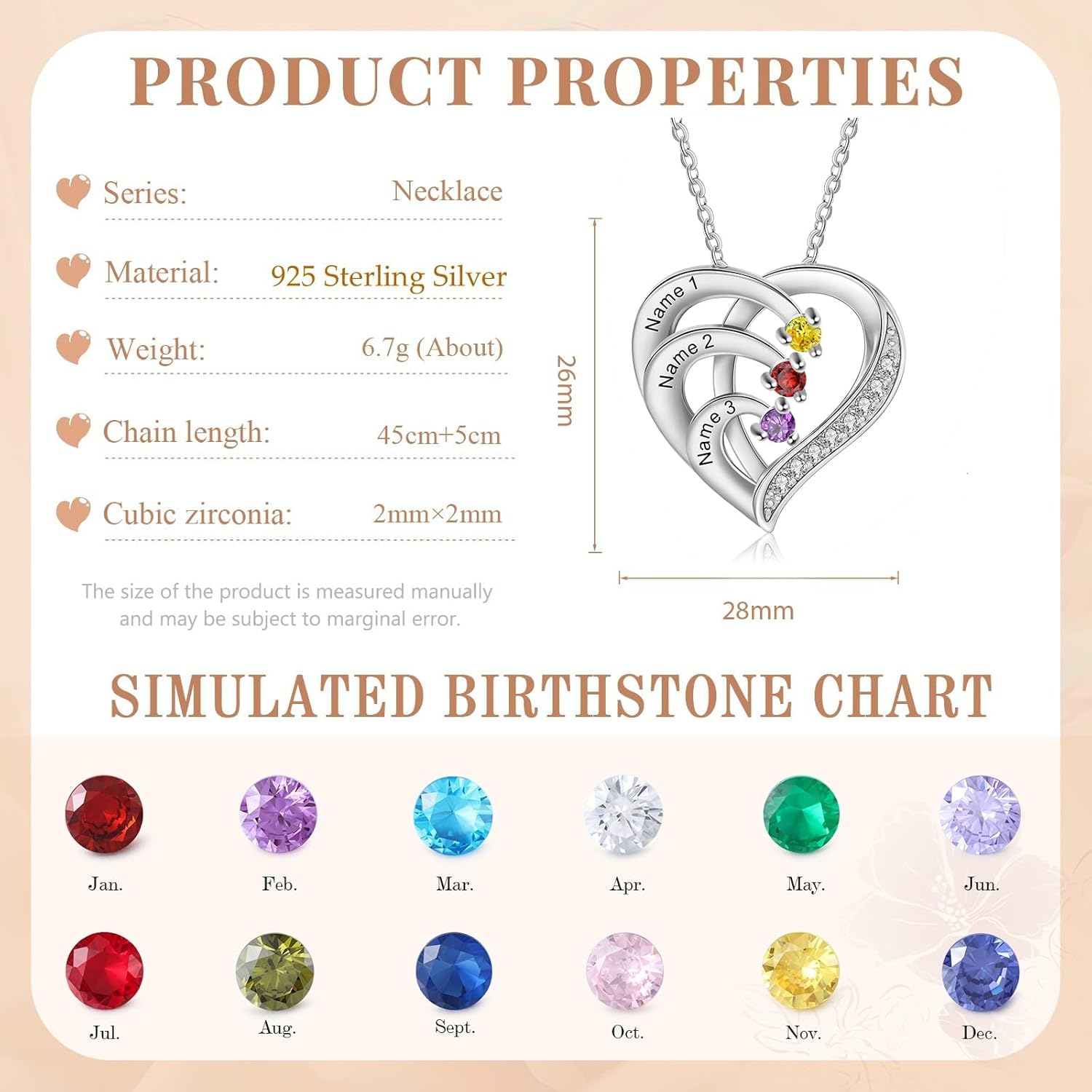 925 Sterling Silver Personalized Name Mom Necklace with 2-6 Heart Birthstones Custom Name Mother Chain Pendant Mother Day Christmas Gifts for Women Mom Grandma Wife