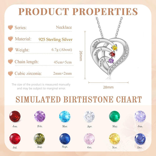 925 Sterling Silver Personalized Name Mom Necklace with 2-6 Heart Birthstones Custom Name Mother Chain Pendant Mother Day Christmas Gifts for Women Mom Grandma Wife