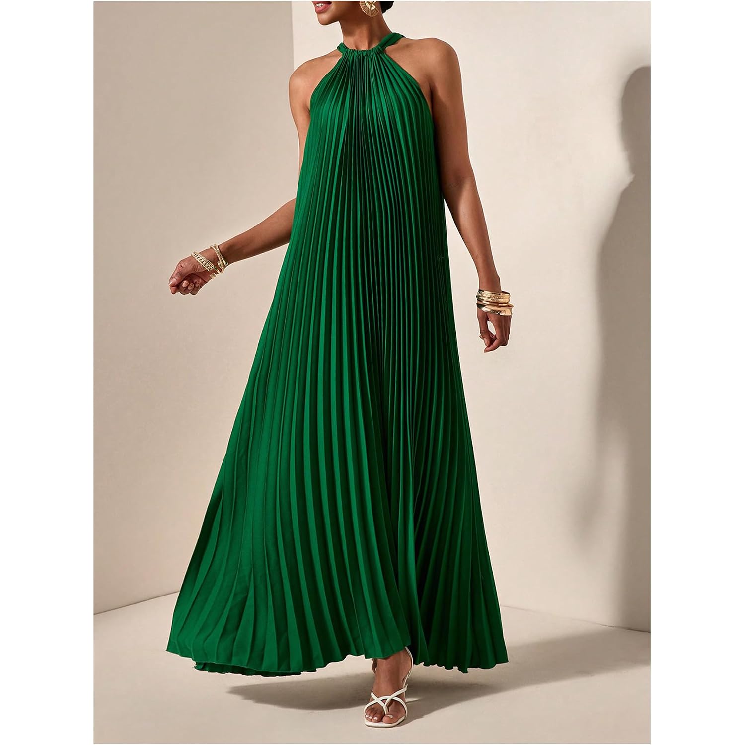 Oyoangle Women'S Summer Maxi Dress Wedding Guest Party Sleeveless Pleated Long Flowy Beach Vacation Dress