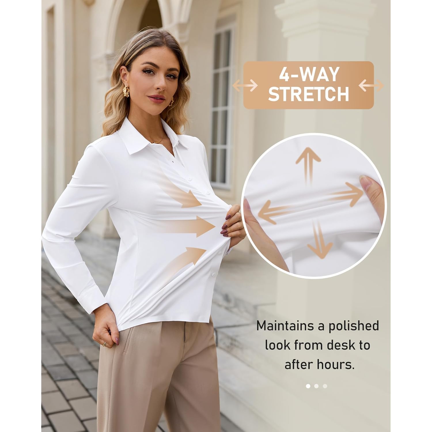Women’s Button Down Shirt Slim Fit Stretch Wrinkle-Free Shirts for Women Long Sleeve Collared Work Blouse for Casual