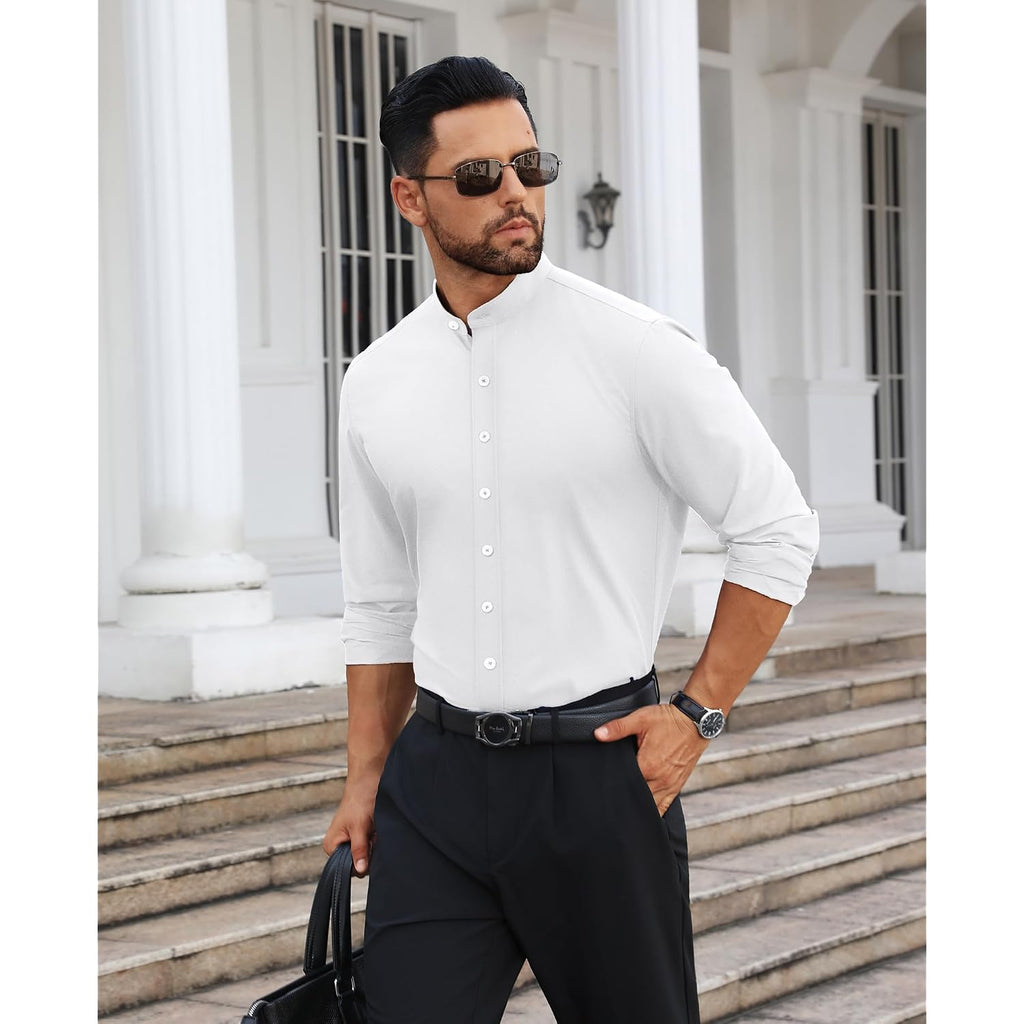 Mens Dress Shirts Wrinkle Free Dress Shirts For Men Long Sleeve Button Down Shirts Banded Collar Shirts