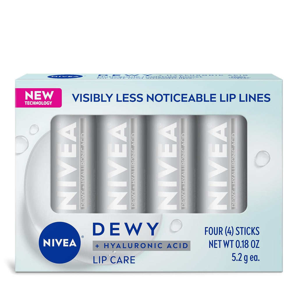 Nivea Dewy Lip Balm With Hyaluronic Acid, Lightweight And Ultra-Hydrating For All Day Moisture, Leaves Visibly Less Noticeable Lip Lines And No Waxy Feel, 0.18 Oz, Pack Of 4