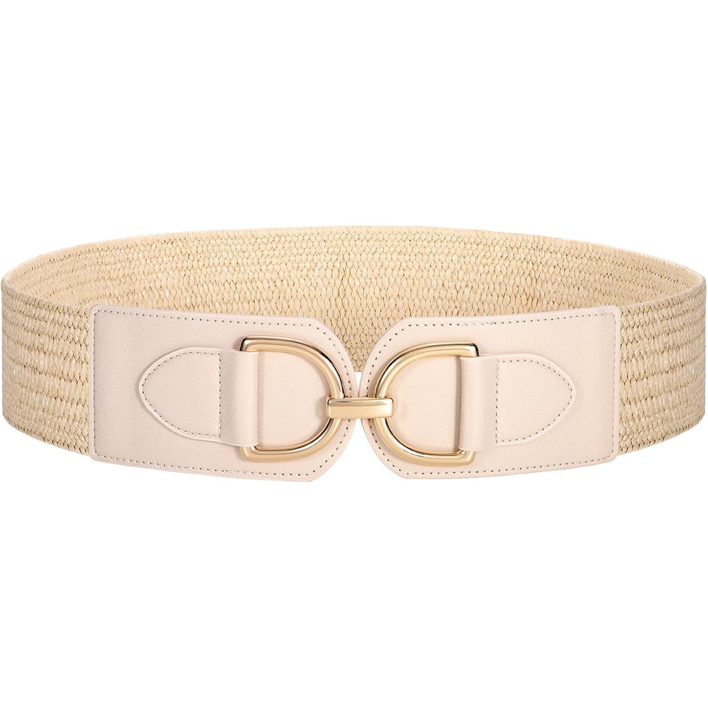 TRIWORKS Straw Woven Elastic Belt for Women Wide Boho Braided stretchy Belt Rattan Waist Belt for Dress
