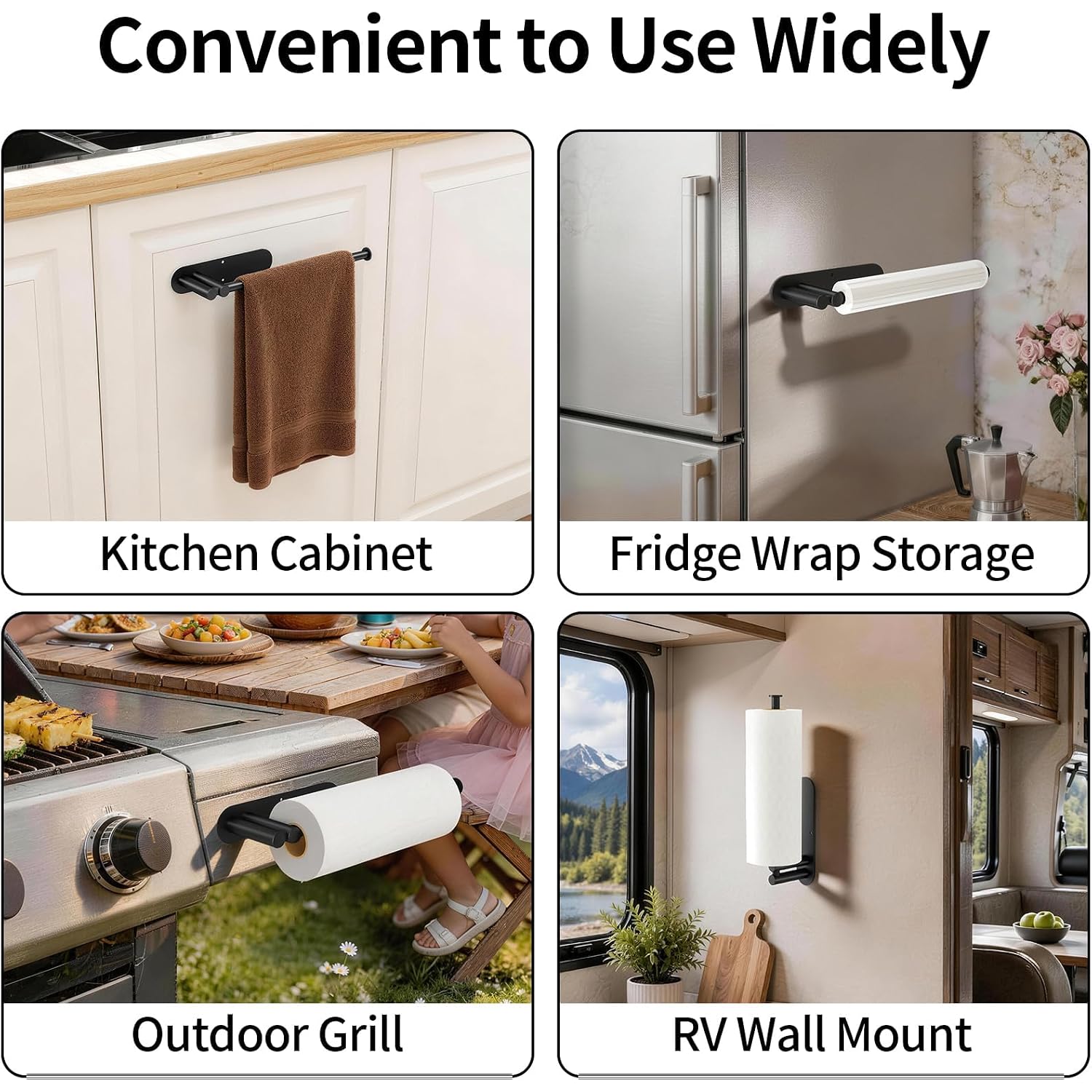 Paper Towel Holder Under Cabinet, Upgraded Dual-Rod Adhesive Paper Towel Holder With Longer Base, Stainless Steel Wall Mounted Holder For Kitchen Towels, No Drill, Black