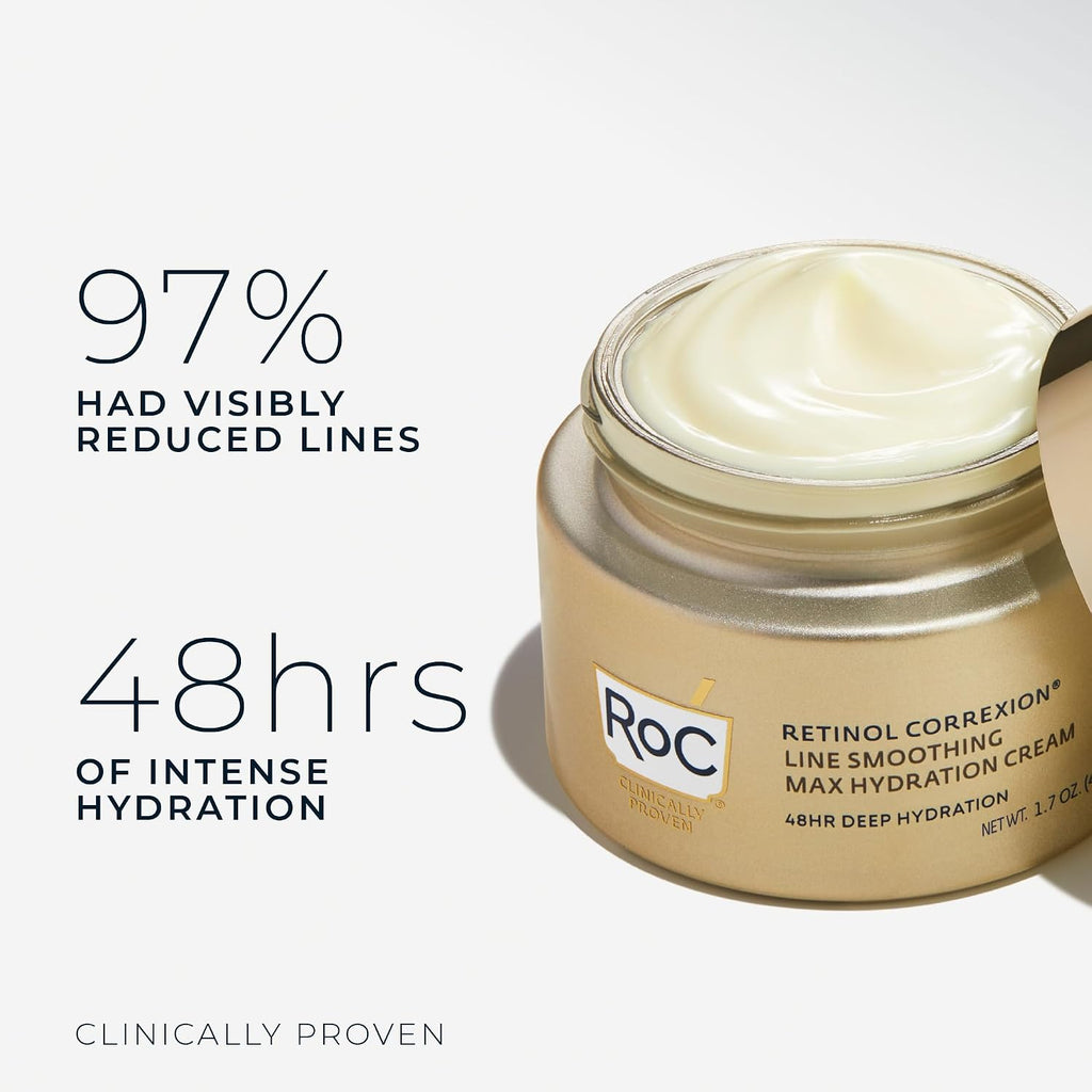 Roc Retinol Correxion Max Daily Hydration Anti-Aging Face Moisturizer With Hyaluronic Acid, Oil Free Skin Care Cream For Fine Lines, Dark Spots, Post-Acne Scars, Retinol Moisturizer, 1.7 Ounces