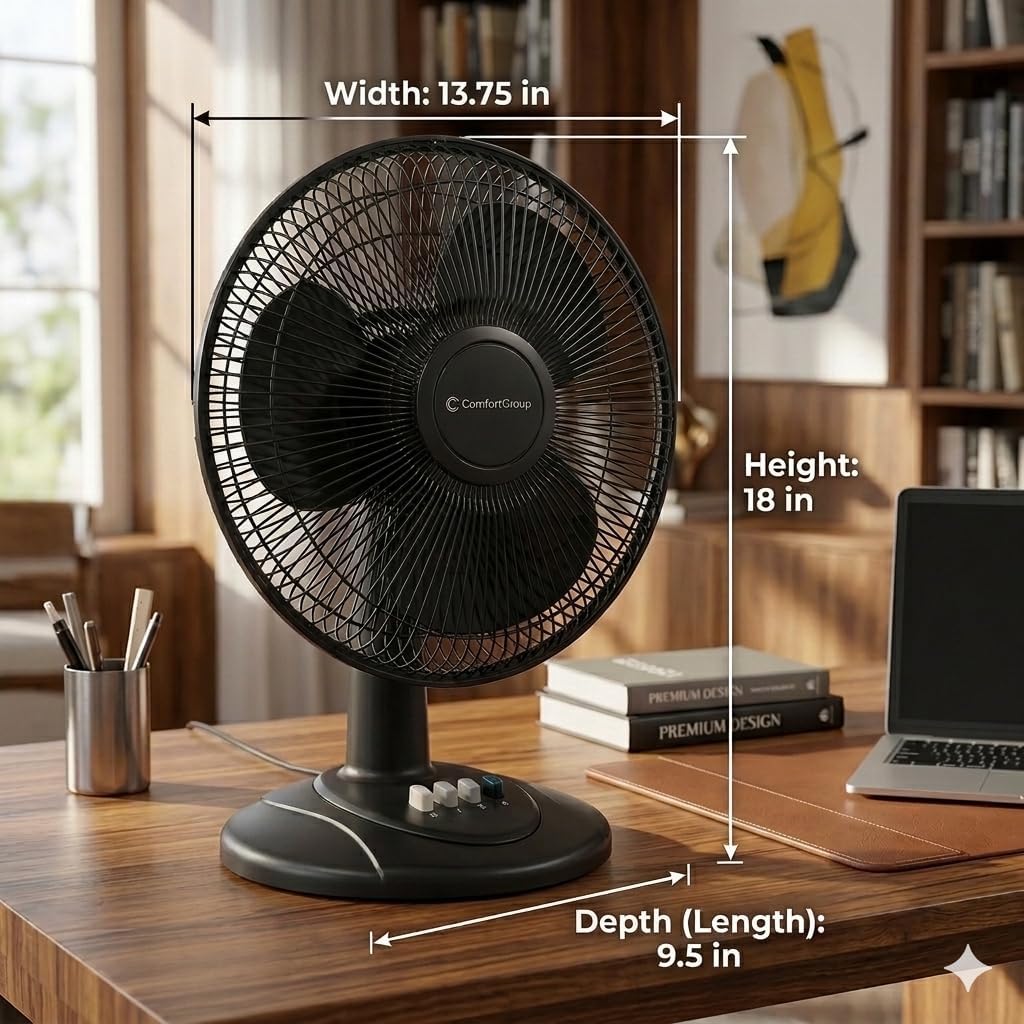 Comfort Zone Oscillating Table Fan With Adjustable Tilt, Convenient Push Button Controls, Quiet, 12 Inch, 3 Speed, Desk Fan, Airflow 7.25 Ft/Sec, Ideal For Home, Bedroom, Dorm & Office, Cz121Bk