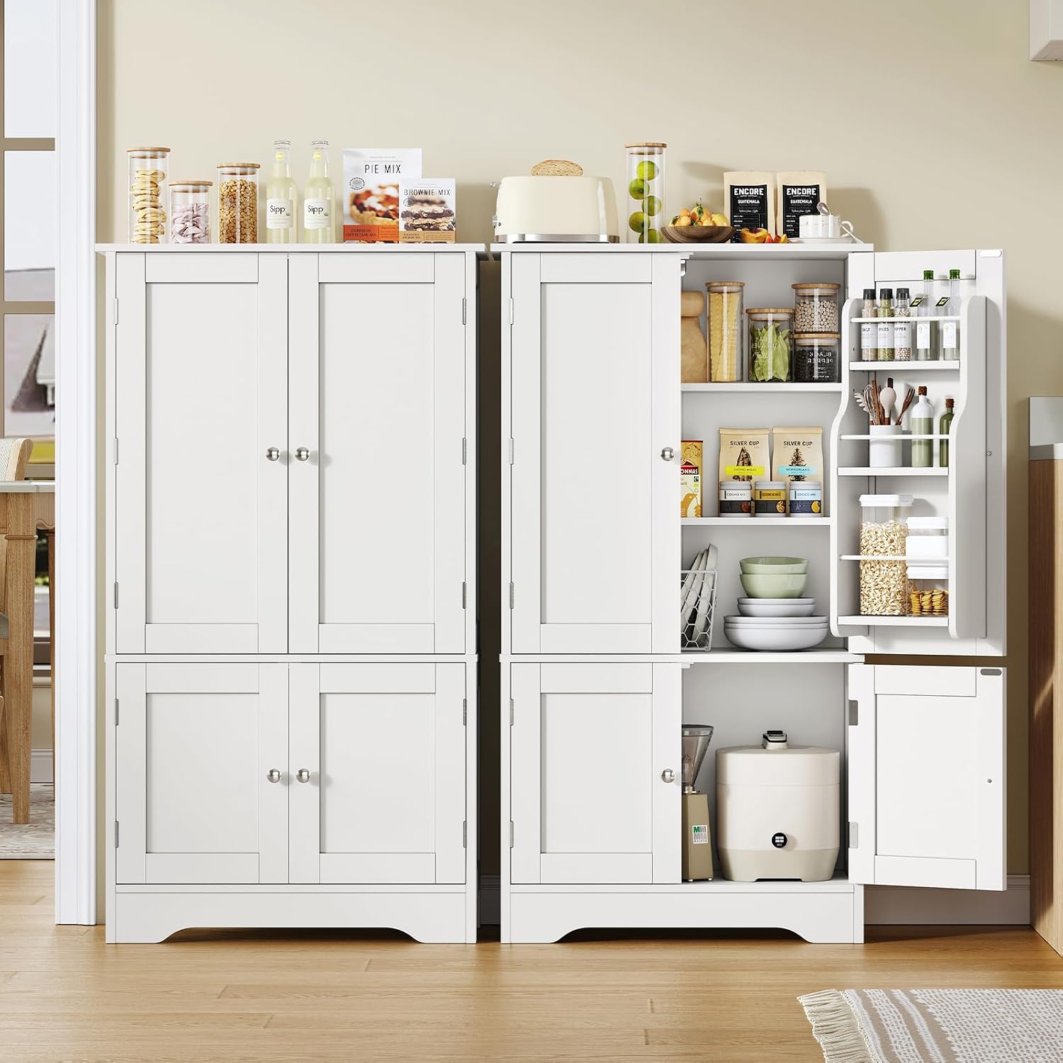 43'H Pantry Cabinet With 4 Doors, Kitchen Cabinet With 6 Door Shelves, Storage Cabinet-Kitchen Pantry For Living Room, Dining Room, Bathroom, White