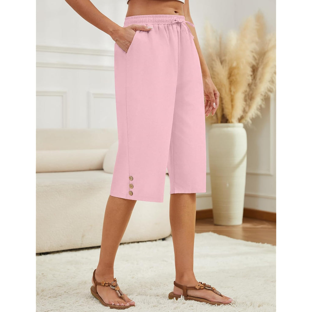 Womens Capris Pants High Waist Drawstring Comfy Casual Pants Lightweight Trousers Buttons with Pockets