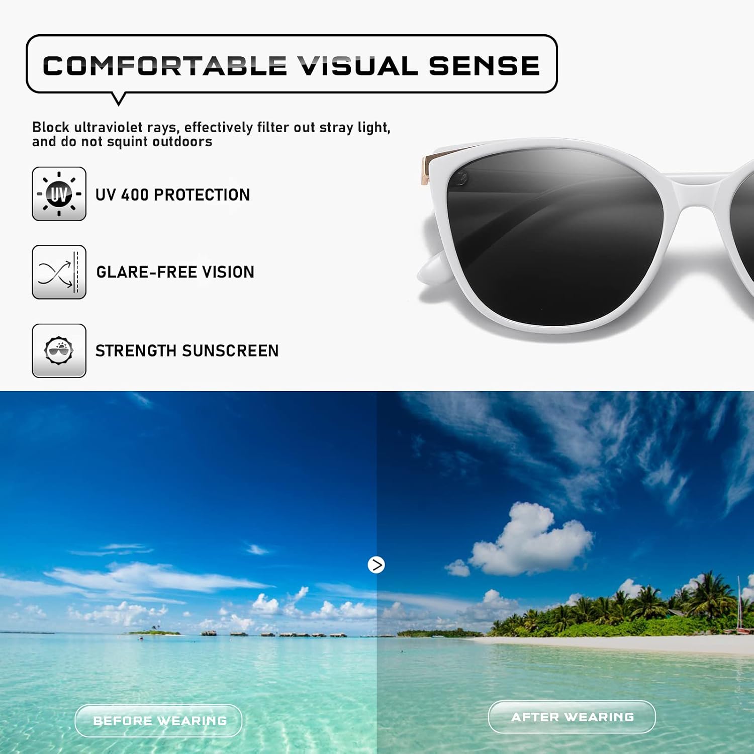 Trendy Cat Eye Sunglasses for Women Fashion Cateye UV400 Protection Glasses CL22017 White Frame