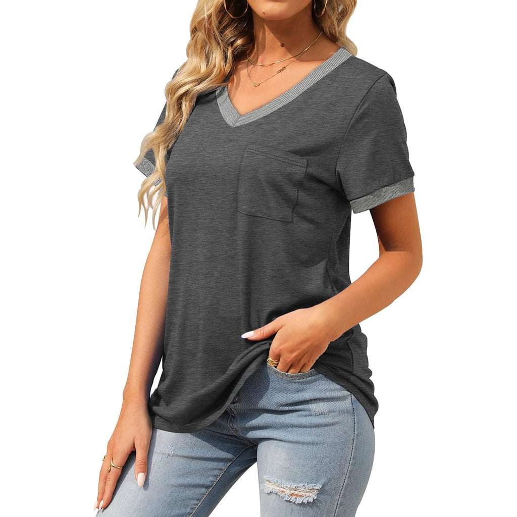 Geifa Womens T Shirts Short Sleeve V Neck Loose Casual Summer Tops 2026 With Pocket