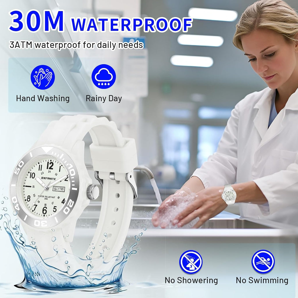 Waterproof Nurse Watch For Medical Professionals,Students, Women Men, Military Time Easy To Read Dial, 24 Hour With Second Hand, Soft And Breathable Silicone Band