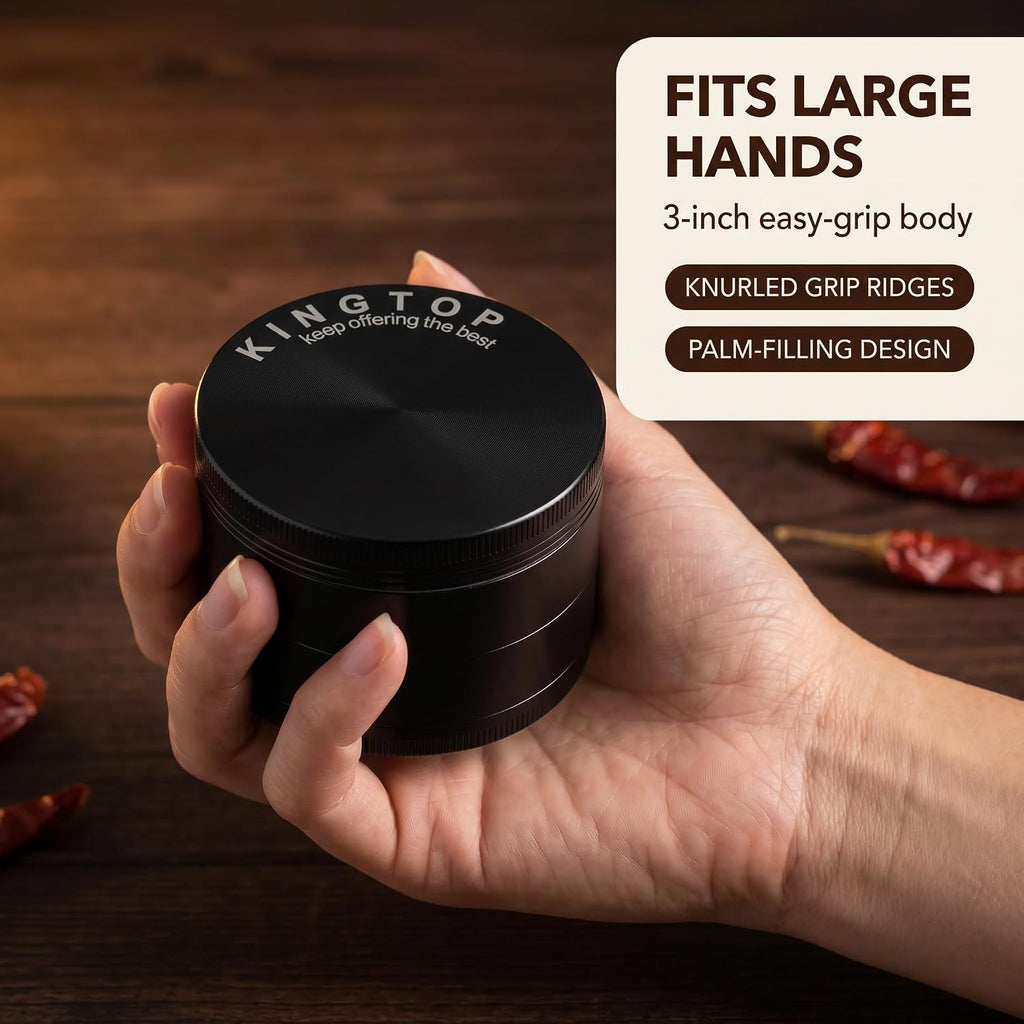 Kingtop Grinder, Large 3" Zinc Alloy Spice Grinder (Black)