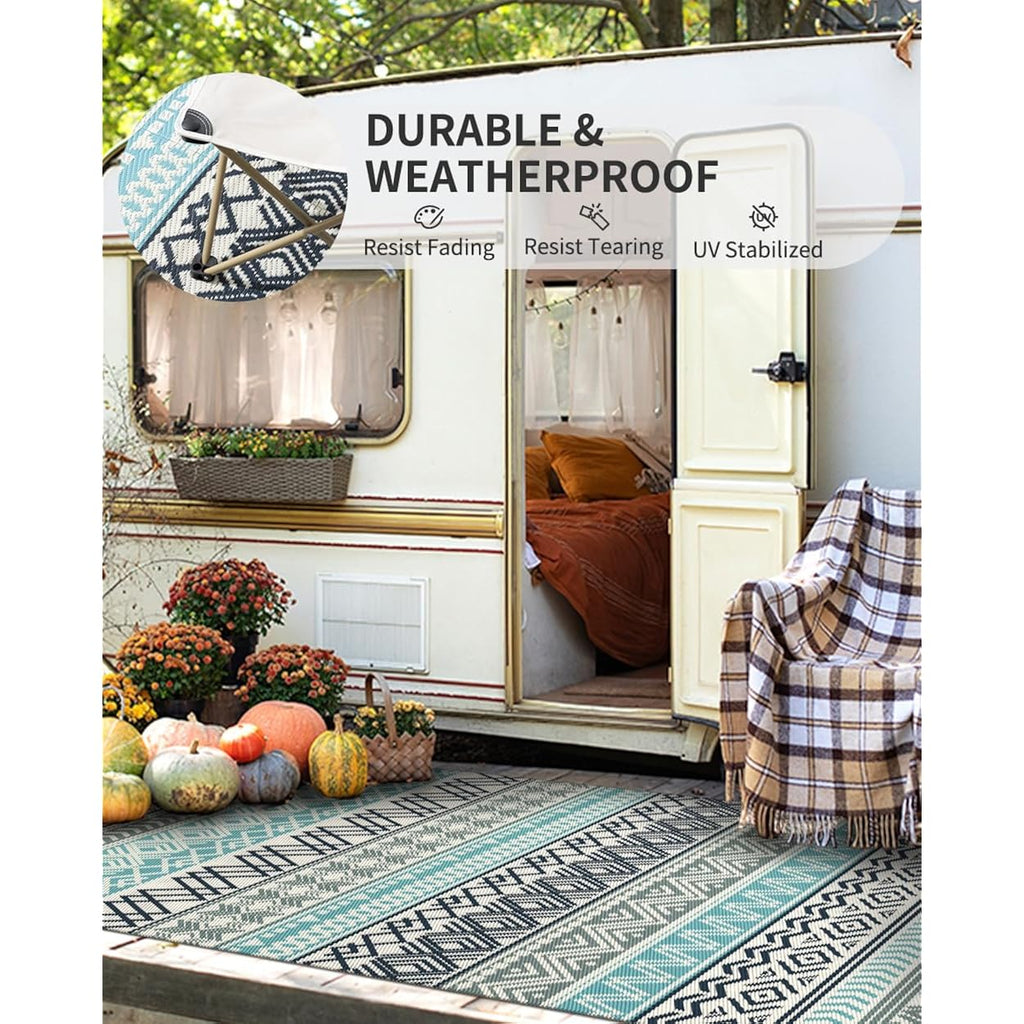 Montvoo Outdoor Rug Carpet Waterproof-Patio Rug Mat 5X8 Reversible Rv Outdoor Camping Rugs Picnic Beach Mats Plastic Straw Outside Rugs For Balcony Porch Pool Deck Boho Patio Decor