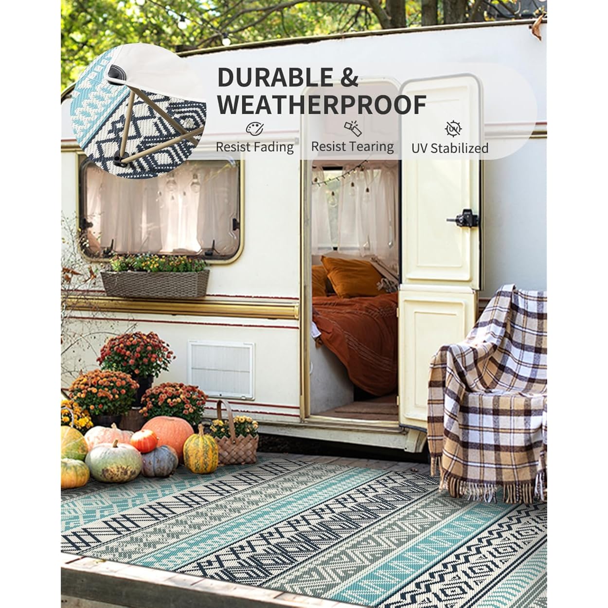 Montvoo Outdoor Rug Carpet Waterproof-Patio Rug Mat 5X8 Reversible Rv Outdoor Camping Rugs Picnic Beach Mats Plastic Straw Outside Rugs For Balcony Porch Pool Deck Boho Patio Decor