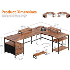 Furologee 66” L Shaped Desk With Power Outlet, Reversible Home Office Desk With File Drawer, 2 Monitor Stands, Storage Shelves, Corner Computer Table For Gaming, Writing, Rustic Brown