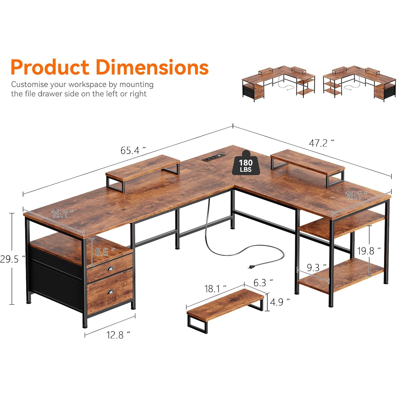 Furologee 66” L Shaped Desk With Power Outlet, Reversible Home Office Desk With File Drawer, 2 Monitor Stands, Storage Shelves, Corner Computer Table For Gaming, Writing, Rustic Brown