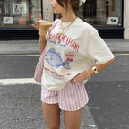 Women Cute Graphic Oversized Tees Fish Lobster Printed Y2K Baggy T Shirts Teen Girls Preppy Vintage Aesthetic Summer Tops Blue Fish