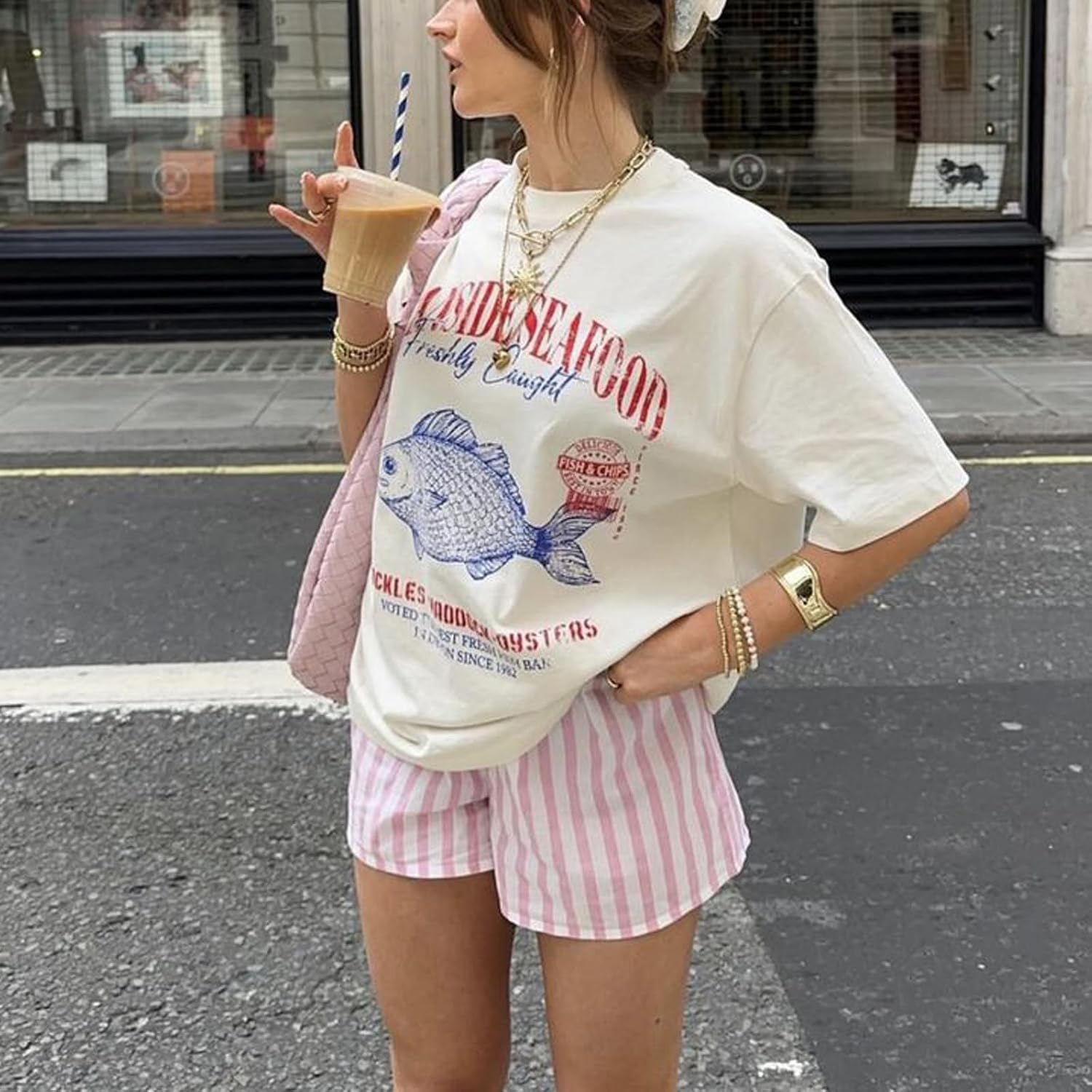 Women Cute Graphic Oversized Tees Fish Lobster Printed Y2K Baggy T Shirts Teen Girls Preppy Vintage Aesthetic Summer Tops Blue Fish