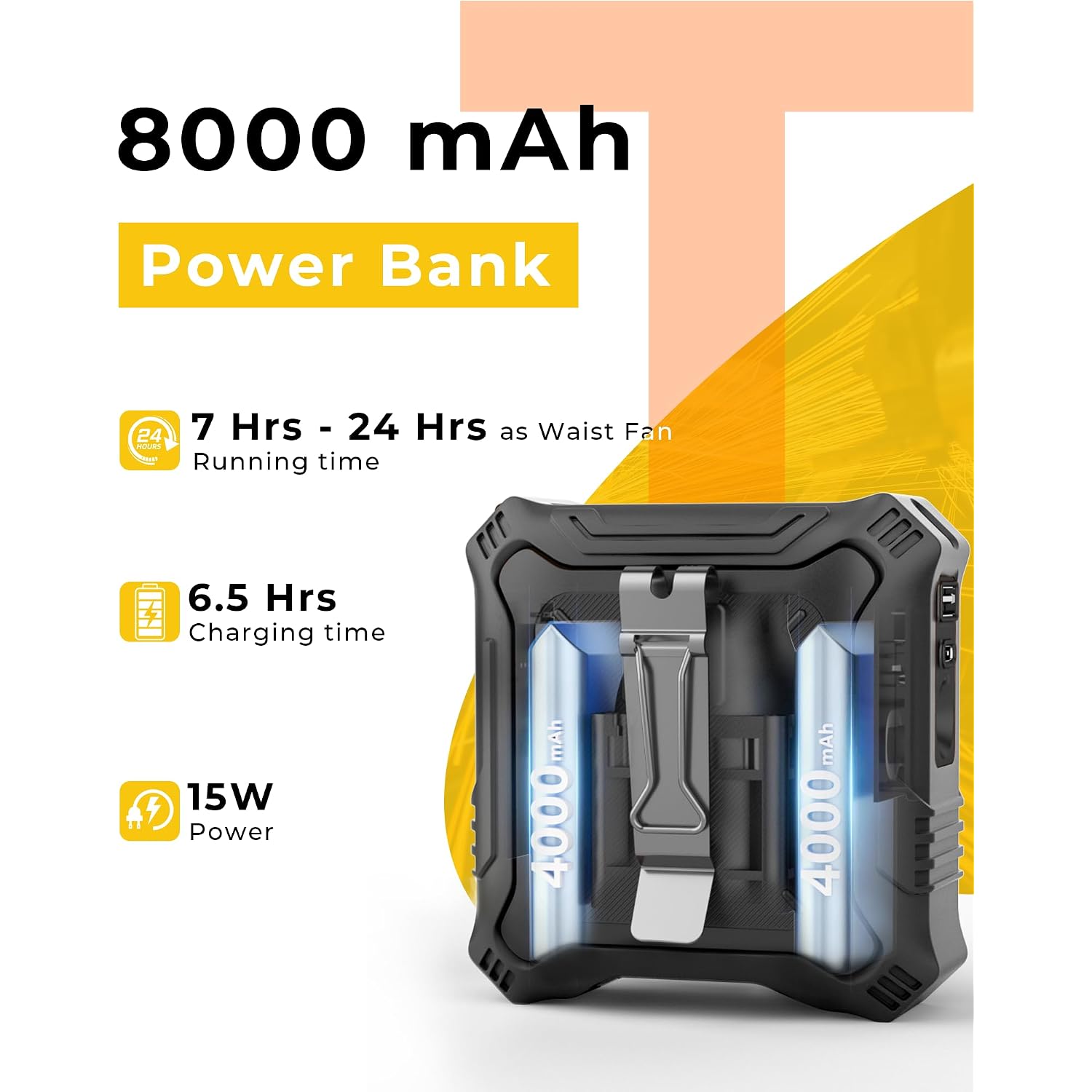 Tunise Portable Fan With 5-Speed Settings, Dual-Sided Clip On Wearable Belt Waist Fan For 8000Mah, 2 Settings Including Flashlight,Travel Essential For Outdoor Camping As Power Bank