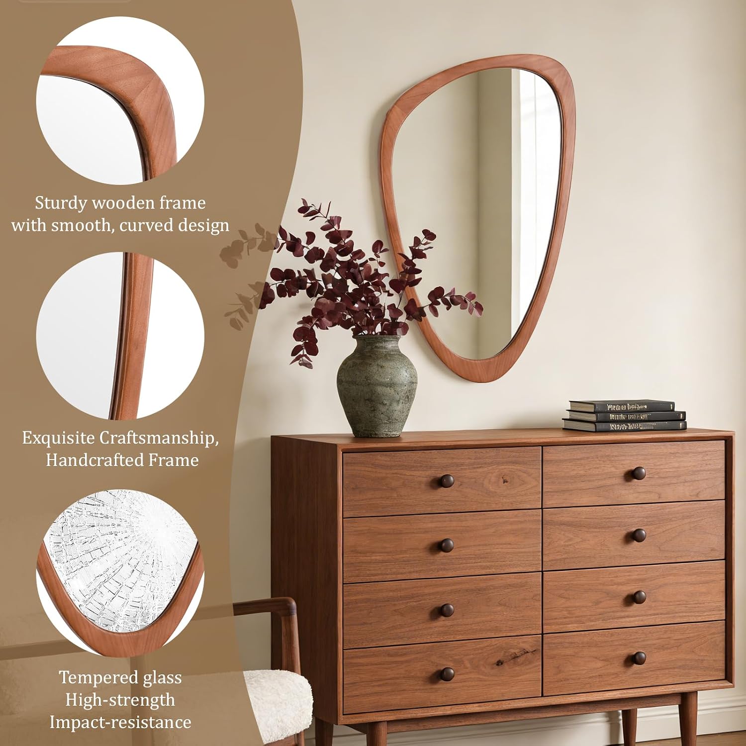 Asymmetrical Mirror, Irregular Wall Mirror, Wall Mirrors Decorative For Bedroom Living Room Entryway Hall, Wood Mirror For Mid Century Modern Decor 30" H X 19" W