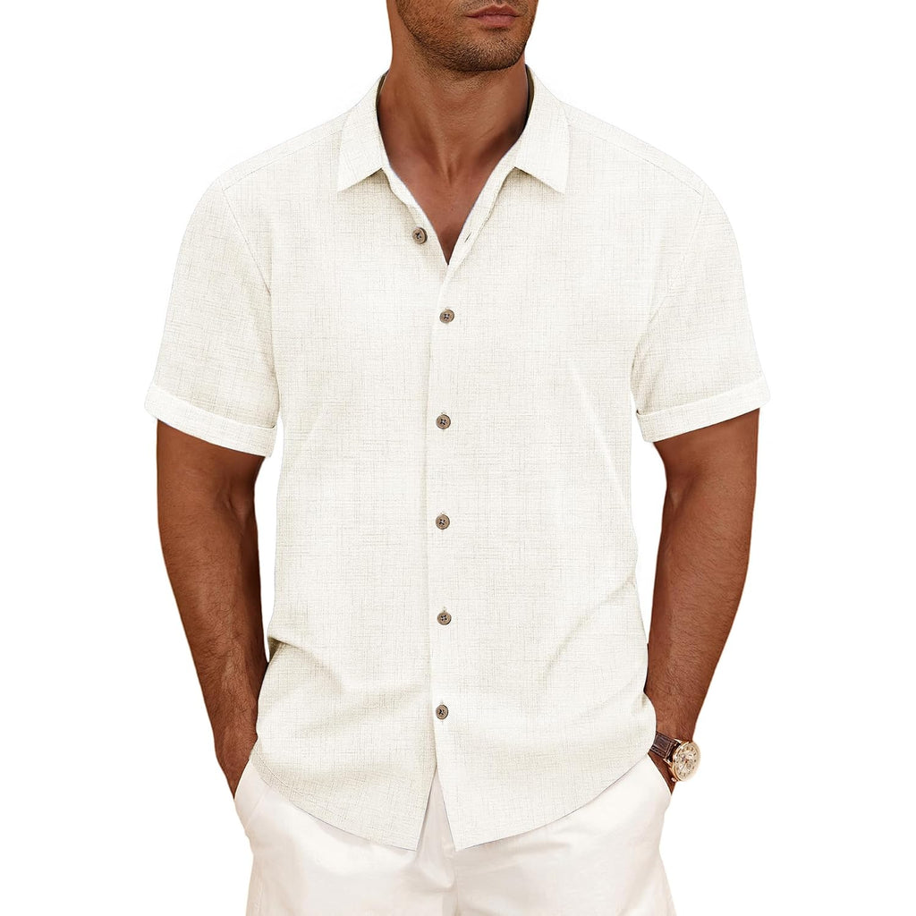 Curbodo Linen Blend Shirts For Men Casual Short Sleeve Button Down Shirt Cool Summer Beach Wedding Vacation Tops