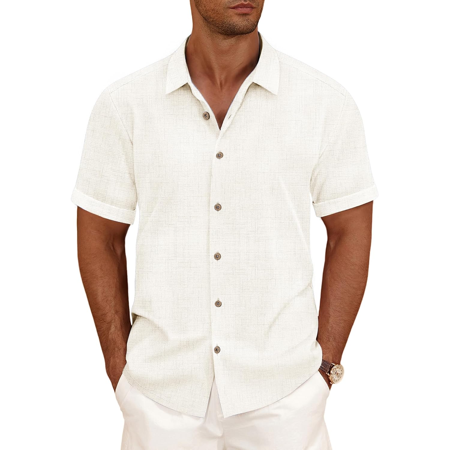 Curbodo Linen Blend Shirts For Men Casual Short Sleeve Button Down Shirt Cool Summer Beach Wedding Vacation Tops
