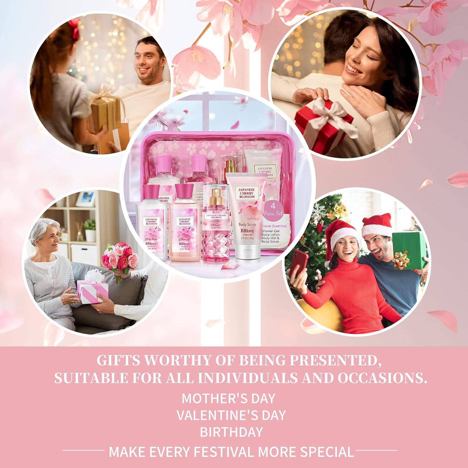 Bath And Body Gift Set For Women And Girls, 4Pc Travel Size Self Care Spa Kit With Body Scrub, Shower Gel, Body Lotion & Mist, Japanese Cherry Blossom Floral Scent, Gift For Teens Mom Bride