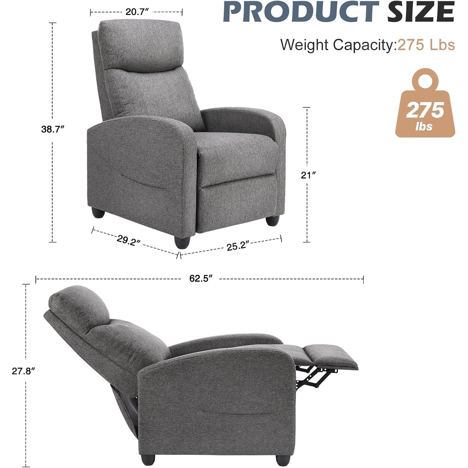 Sweetcrispy Massage Recliner Chair For Adults, Adjustable Home Theater Seating With Lumbar Support For Living Room, Modern Fabric Reclining For Small Space, Grey