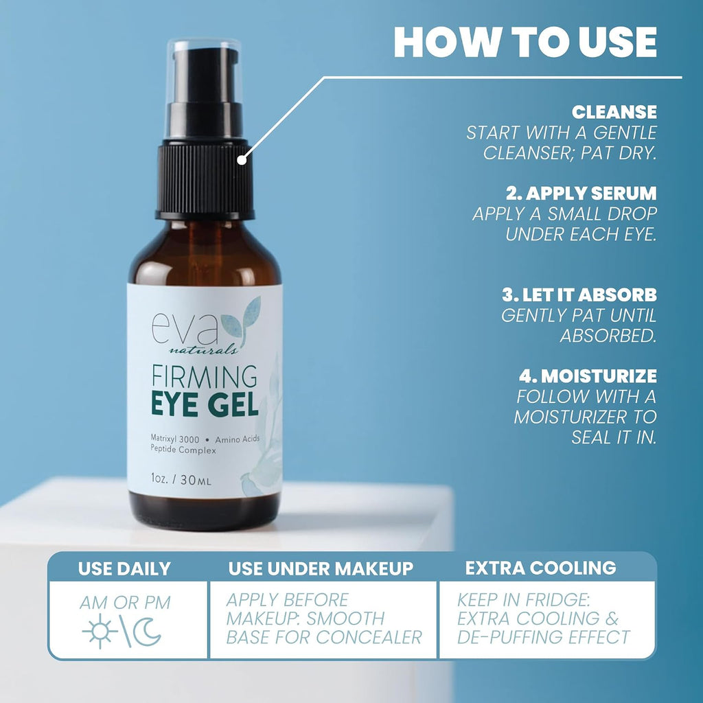 Eva Naturals Eye Gel For Dark Circles, Bags & Puffiness – Anti-Aging Serum With Peptides, Hyaluronic Acid & Botanicals – Firming Under Eye Treatment For Wrinkles, Fine Lines & Tired Skin – 1 Oz
