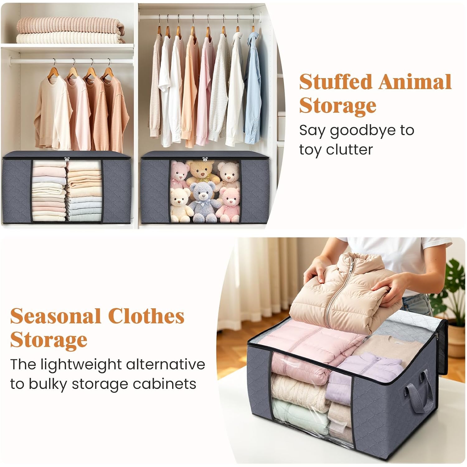 6 Pack Storage Bags For Clothes And Blanket, Foldable Closet Organizers And Storage With Zippers, Clear Window And Handles, Fabric Storage Bins For Sweater, Comforter, Bedding,Linen Sheets