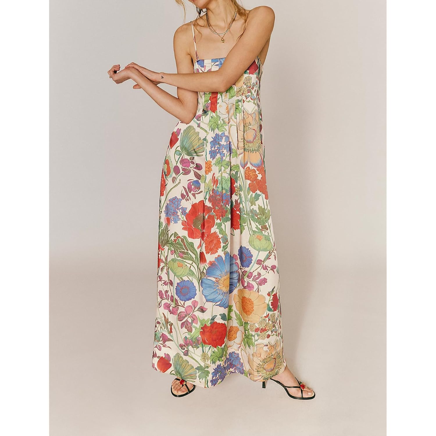 Amiblvowa Women Floral Maxi Dress Sexy Sleeveless Backless A-Line Long Flowy Dress Back Cut Out Spaghetti Strap Sundress
