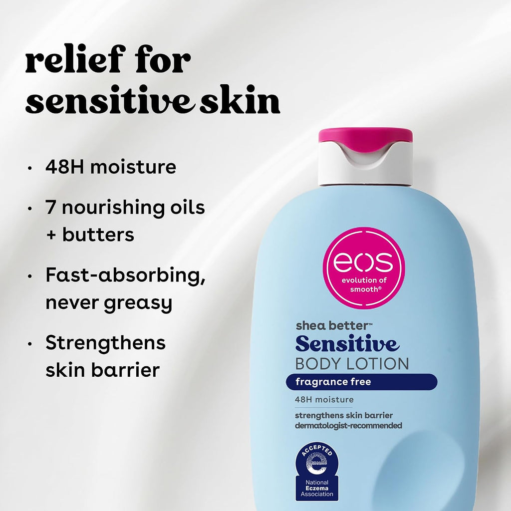 Eos Shea Better Sensitive Skin Body Lotion - Fragrance-Free, 48-Hour Moisture Eczema Cream & Dry Skin Relief, Vegan, 16 Fl Oz (Packaging May Vary)