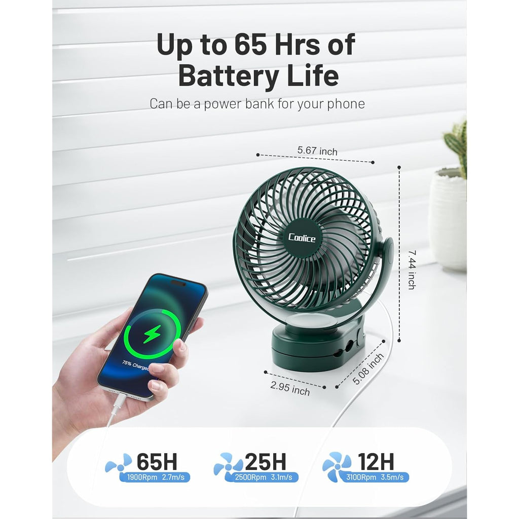 Camping Fan With Remote Control - 12000Mah Rechargeable Battery Powered Fan, Camping Fans For Tents With Led Light & Hanging Hook, Rechargeable Battery Operated Ceiling Fans For Tent Rv Bed, Green