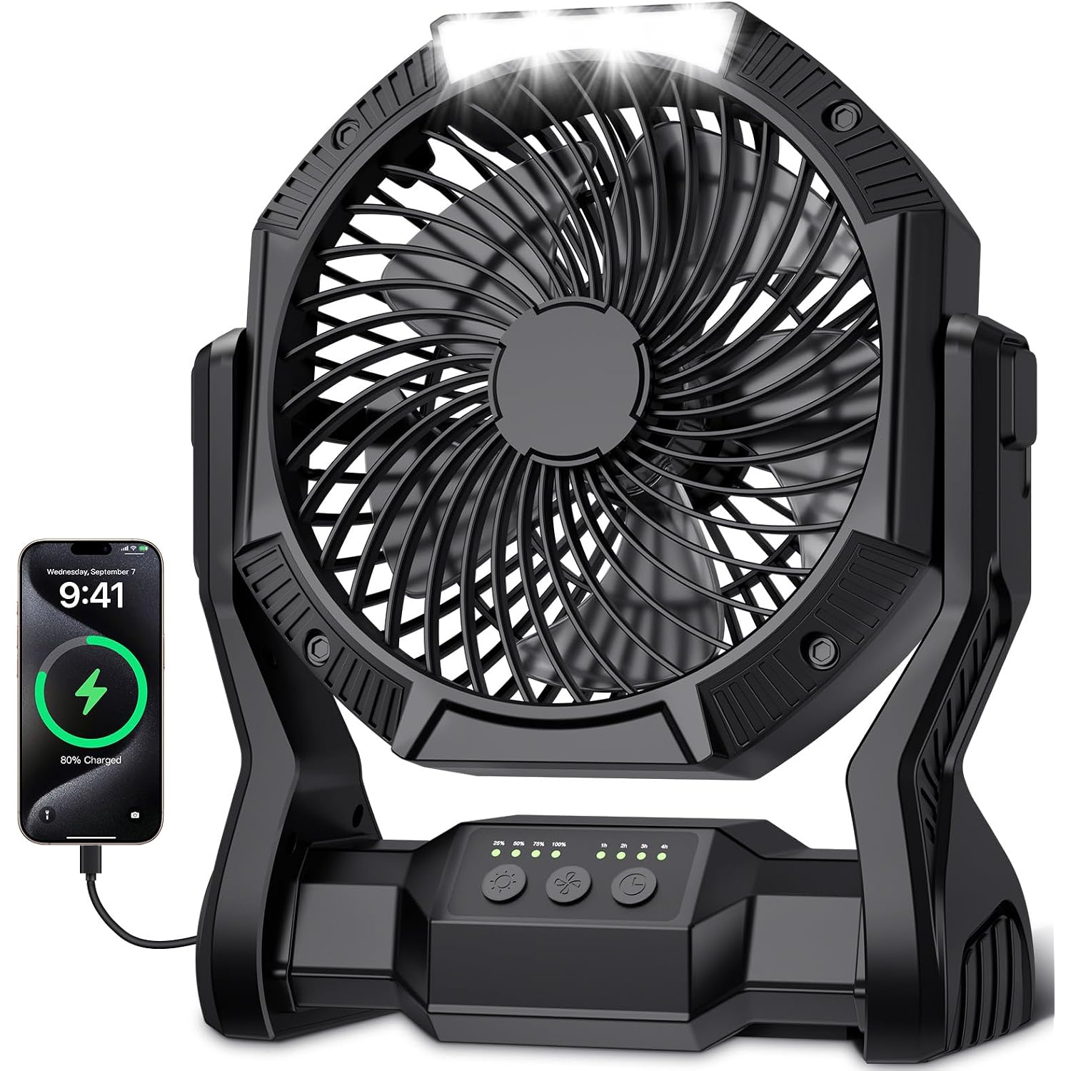 Portable Rechargeable Fan, 20000Mah Battery Powered Camping Fan With Led Light & Hook, 270° Adjustable, 4-Speed, 4H Timer Camping Essentials For Outdoor Tent Travel Bbq Car, Gifts For Men Dad