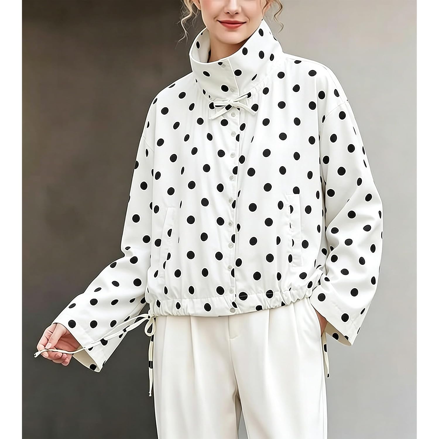 Colorful World Womens Polka Dot Jacket Drawstring Hem Button Front Cropped Lightweight Jacket Relaxed Fit Coat With Pockets