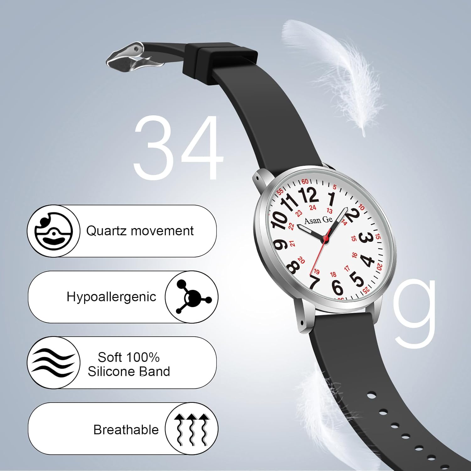 Asan Ge Watches for Women, Fashion 3ATM Waterproof Minimalist Lightweight Easy-to-Read Analog Silicone Watch Suitable for Daily Work, Leisure, Outdoors