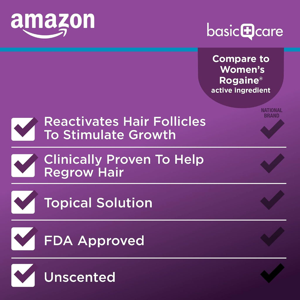 Amazon Basic Care Minoxidil Topical Solution, 2 Percent, Hair Regrowth Treatment For Women, 6 Ounce